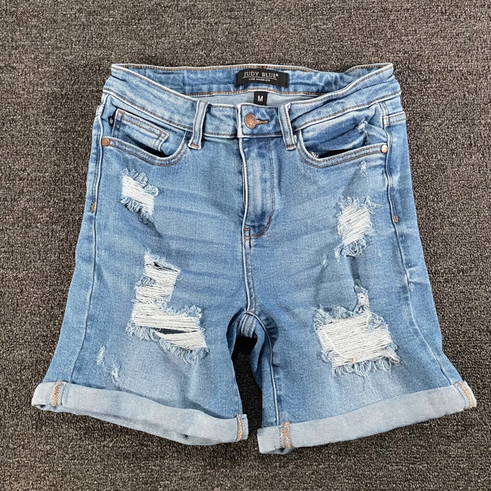 Judy Blue Distressed Denim Shorts Womens Size M Blue Good Cuffed High Rise